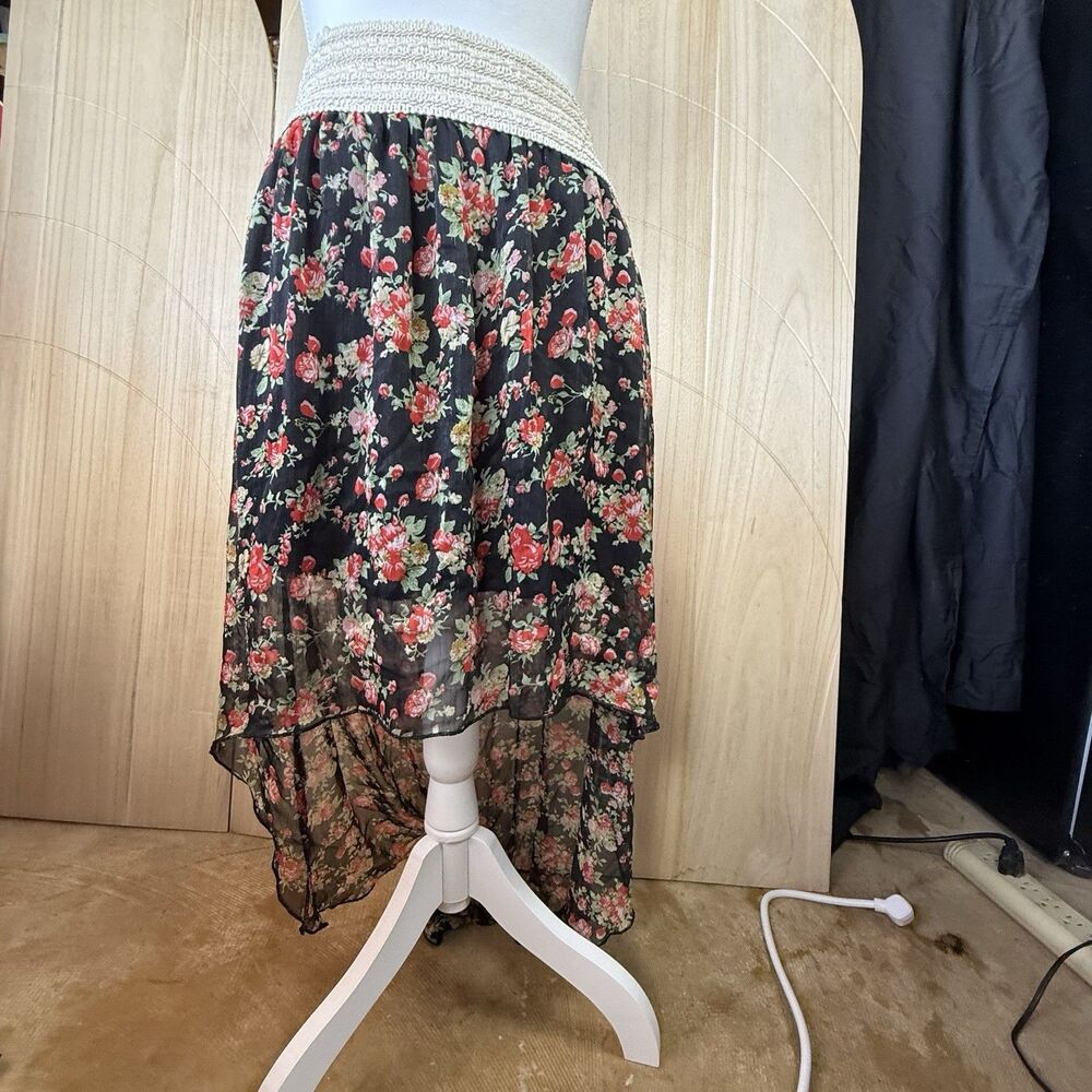 BB Couture Black Floral High Low Maxi Skirt Crochet Waistband Whimsigoth Boho L